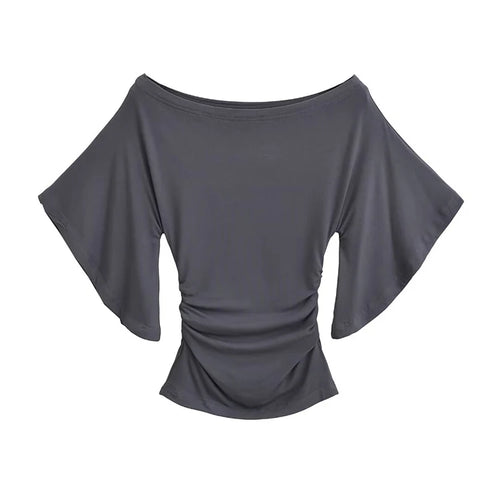 Load image into Gallery viewer, Korean style Women Summer Sexy Bat Sleeve Slash Neck Off Shoulder T-shirt Cinching Waist Solid Slim Top
