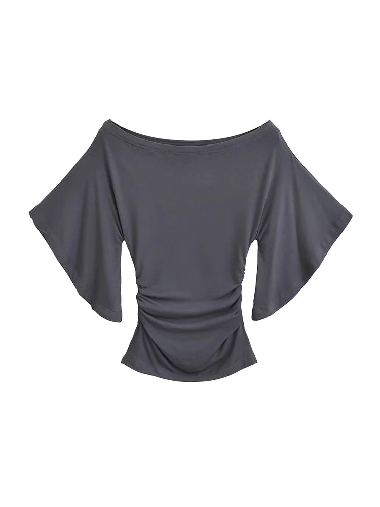 Korean style Women Summer Sexy Bat Sleeve Slash Neck Off Shoulder T-shirt Cinching Waist Solid Slim Top