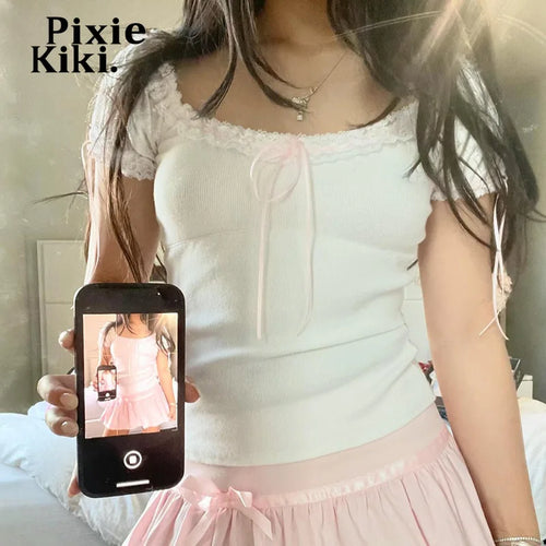 Load image into Gallery viewer, Bow Tie Lace Trim Puff Sleeve T Shirts Women Y2k Summer White Ribbed Crop Top Kawaii Teen Girl Clothes P67-CE15
