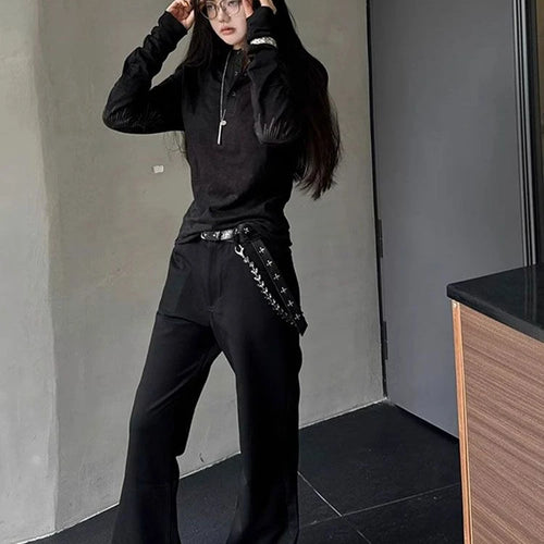 Load image into Gallery viewer, 2025 Women Streetwear Embroidery Grunge T-shirts Loose Single Breasted Autumn Black Tops Y2k Aesthetic Casual Style Vintage Tees
