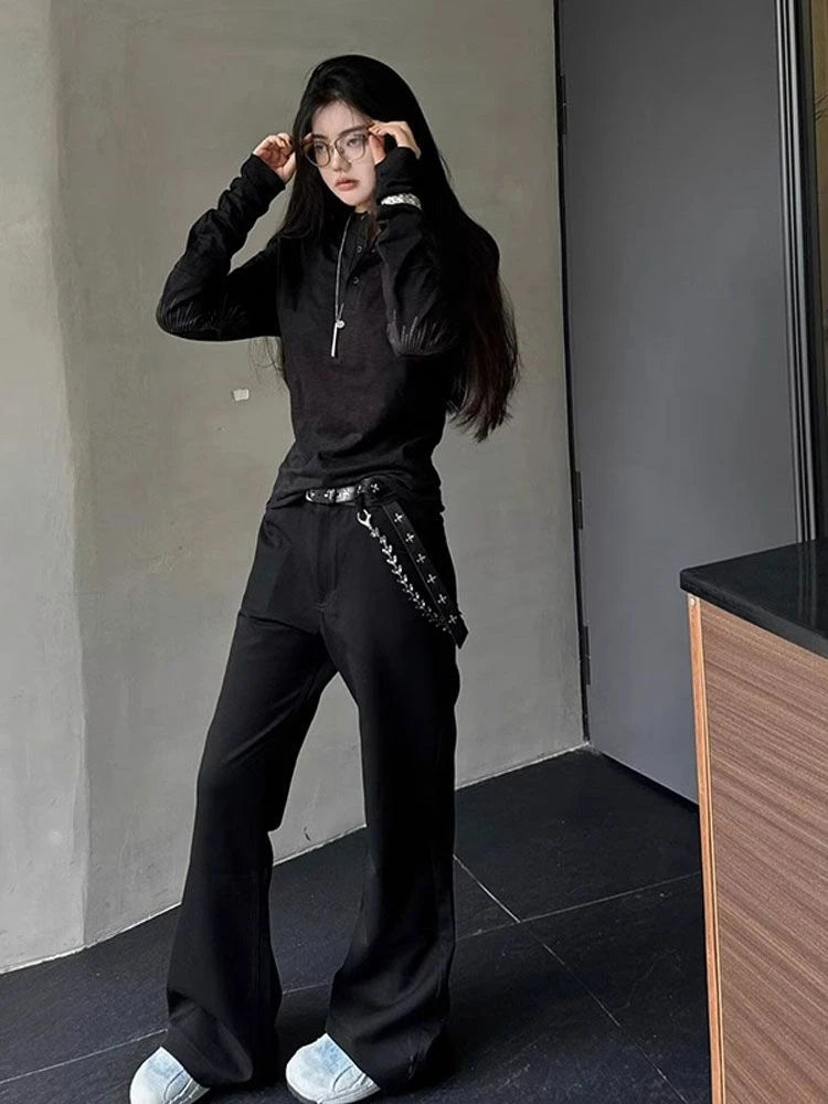 2025 Women Streetwear Embroidery Grunge T-shirts Loose Single Breasted Autumn Black Tops Y2k Aesthetic Casual Style Vintage Tees