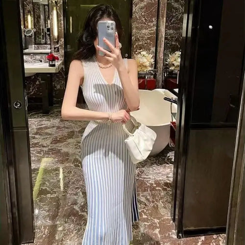 Load image into Gallery viewer, Korean Autumn White Stripe V Neck Elegant Wrap Hip Long Dress Vintage Women Temperament Sleeveless Knitted Vest Dress 2024 Trend
