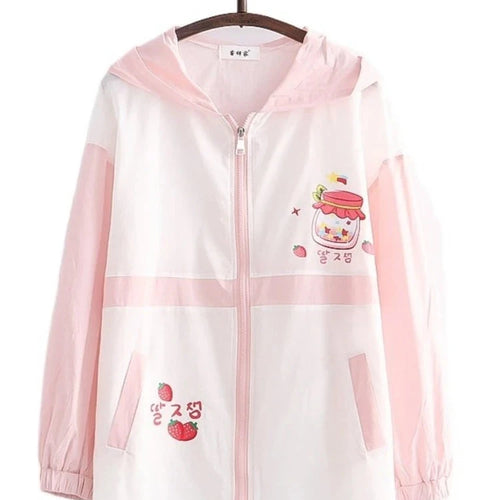 Load image into Gallery viewer, Summer Women Thin Zipper Hooded Jackets Strawberry Print Long Sleeve Harakuju Jacket Sweet Style Female Kawaii Cute Coat
