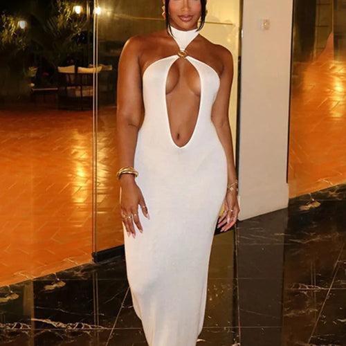 Load image into Gallery viewer, Halter Hollow Out Sexy Maxi Dress For Women Gown Fashion Off-shoulder Sleeveless Backless Bodycon Beach Club Dress
