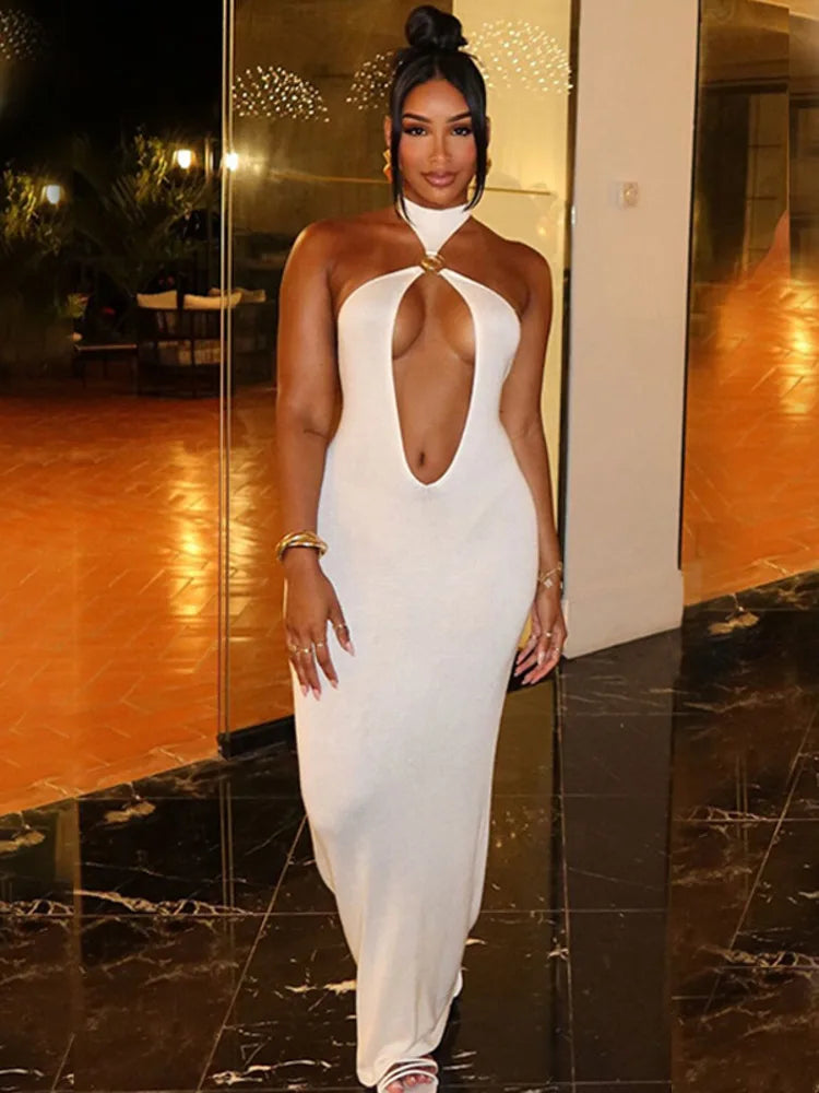 Halter Hollow Out Sexy Maxi Dress For Women Gown Fashion Off-shoulder Sleeveless Backless Bodycon Beach Club Dress