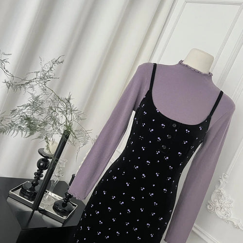 Load image into Gallery viewer, French Women Autumn Winter Fashion Suit Purple Elegant O-neck Long Sleeve Tops And Black Print Velvet Slip Dress Two-piece Sets
