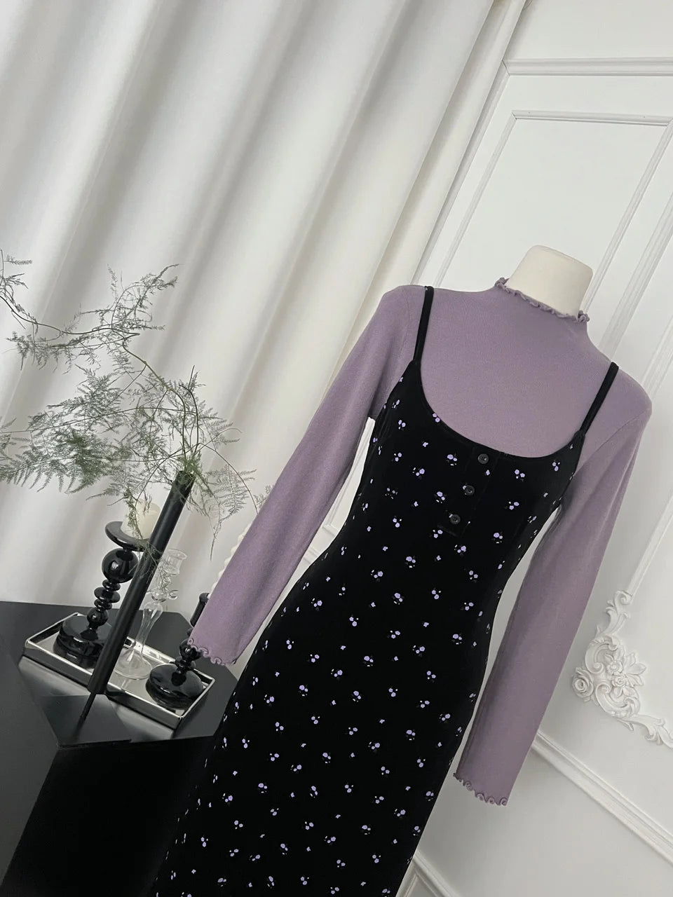 French Women Autumn Winter Fashion Suit Purple Elegant O-neck Long Sleeve Tops And Black Print Velvet Slip Dress Two-piece Sets