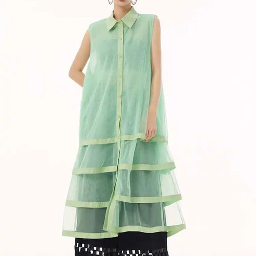 Load image into Gallery viewer, Women Black Layers Mesh Big Size Midi Vest Shirt Dress New Lapel Sleeveless Fashion Tide Spring Summer 2025 1DH9472
