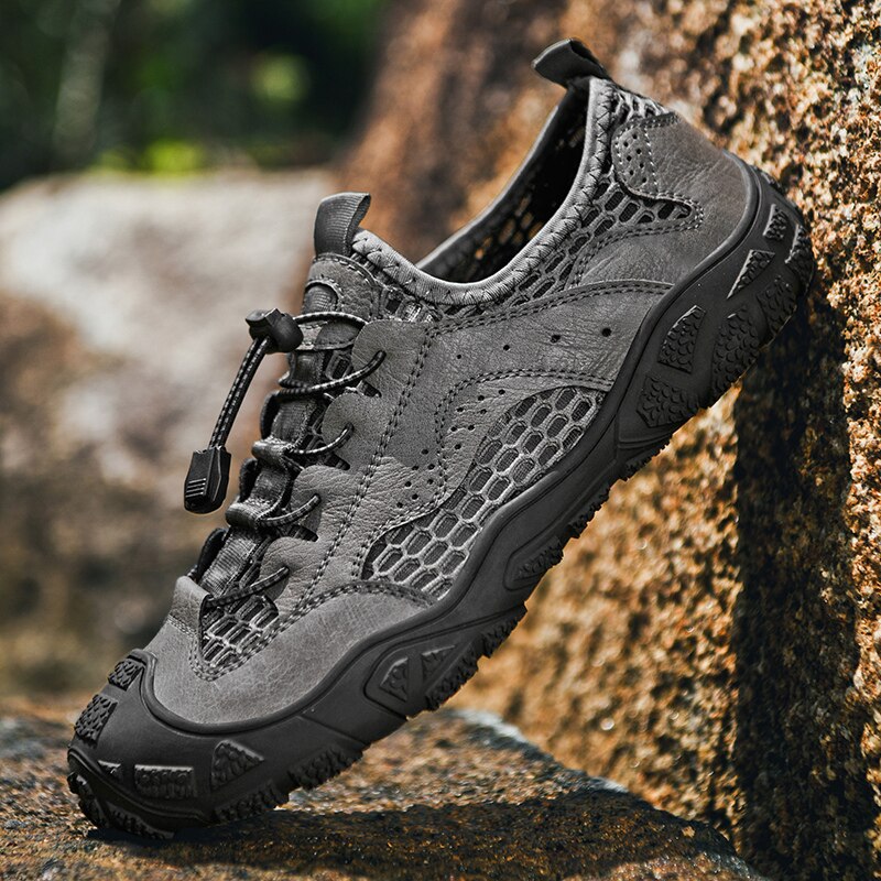 Men's Casual Shoes Genuine Leather Outdoor Men's Shoes Breathable Mesh Sneakers Non-slip Comfortable Hiking Shoes Size 38-46