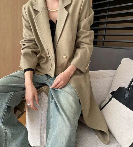 Women Khaki Irregular Spliced Long Big Size Blazer New Lapel Long Sleeve Jacket Fashion Tide Spring Autumn 2025  1DH6851