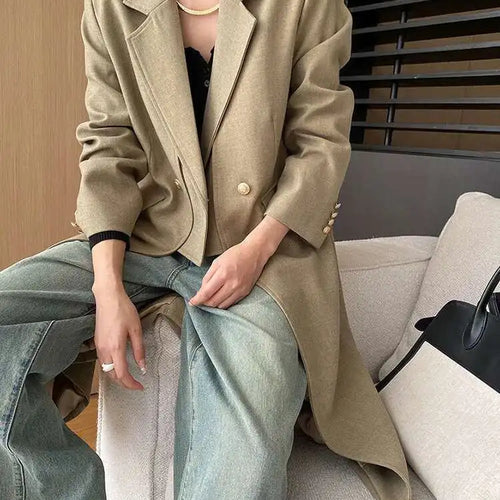 Load image into Gallery viewer, Women Khaki Irregular Spliced Long Big Size Blazer New Lapel Long Sleeve Jacket Fashion Tide Spring Autumn 2025  1DH6851

