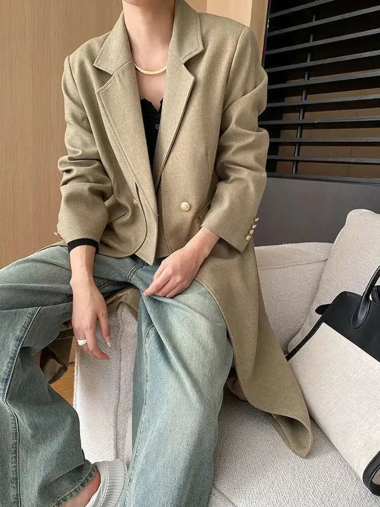 Women Khaki Irregular Spliced Long Big Size Blazer New Lapel Long Sleeve Jacket Fashion Tide Spring Autumn 2025  1DH6851