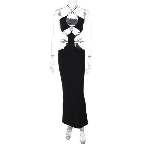 Load image into Gallery viewer, Strapless Metal Ring Cut Out Maxi Dress Women Black Halter Low Cut Backless Hollow Out Bodycon Sexy Party Long Dress
