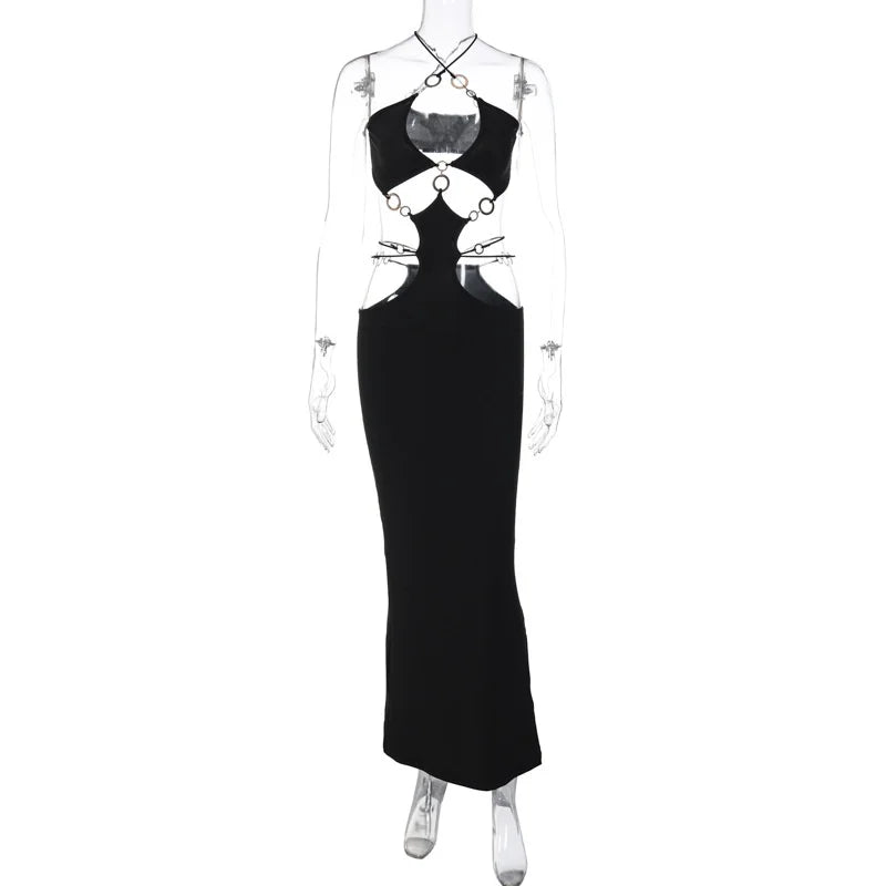 Strapless Metal Ring Cut Out Maxi Dress Women Black Halter Low Cut Backless Hollow Out Bodycon Sexy Party Long Dress