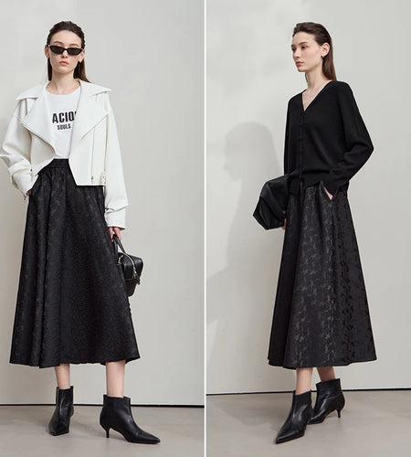 Minimalism 2025 Autumn Black A-line Women Skirt Luxury Style Lace Elegant Elastic Waistband Offcial Lady Skirts 12523037