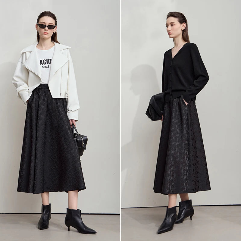 Minimalism 2025 Autumn Black A-line Women Skirt Luxury Style Lace Elegant Elastic Waistband Offcial Lady Skirts 12523037