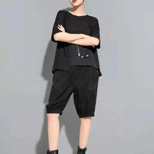 Load image into Gallery viewer, Women Black Irregular Casual Big Size T-shirt New Round Neck Short Sleeve Fashion Tide Spring Summer 2025  1DE8728
