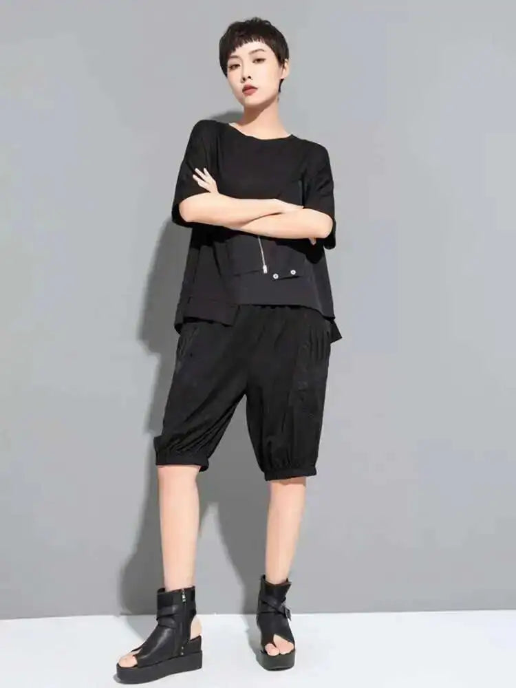 Women Black Irregular Casual Big Size T-shirt New Round Neck Short Sleeve Fashion Tide Spring Summer 2025  1DE8728