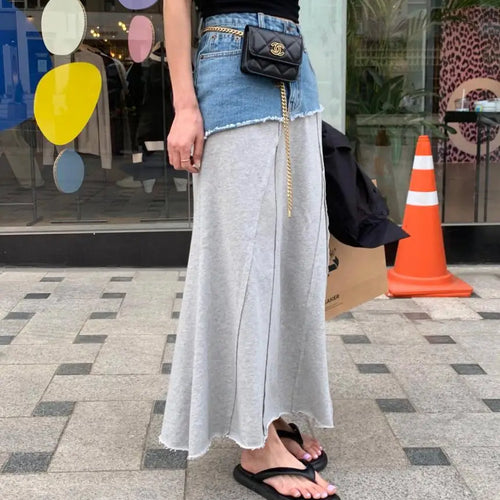Load image into Gallery viewer, Spring Summer 2023 New Vintage Elegant High Waisted Long Denim Skirt Women Jeans Patchwork Cotton Wrap Buttocks Skirts Fashion
