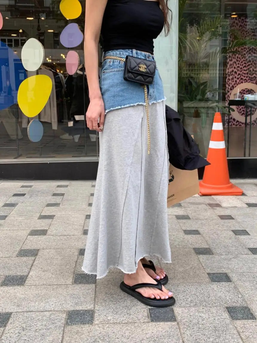 Spring Summer 2023 New Vintage Elegant High Waisted Long Denim Skirt Women Jeans Patchwork Cotton Wrap Buttocks Skirts Fashion