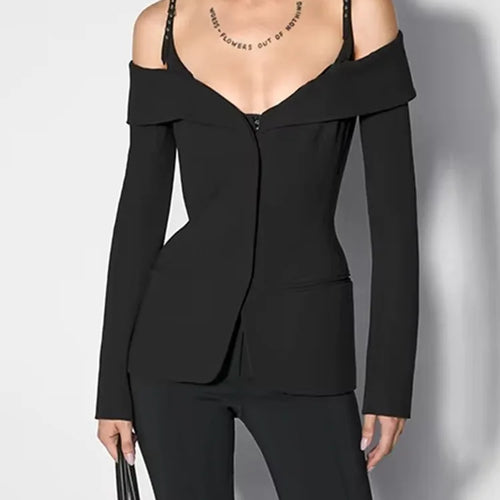 Load image into Gallery viewer, Solid Chic Designer Jackets For Women Slash Neck Long Sleeve Tunic Temperament Elegant Jackets Female Fashion Style
