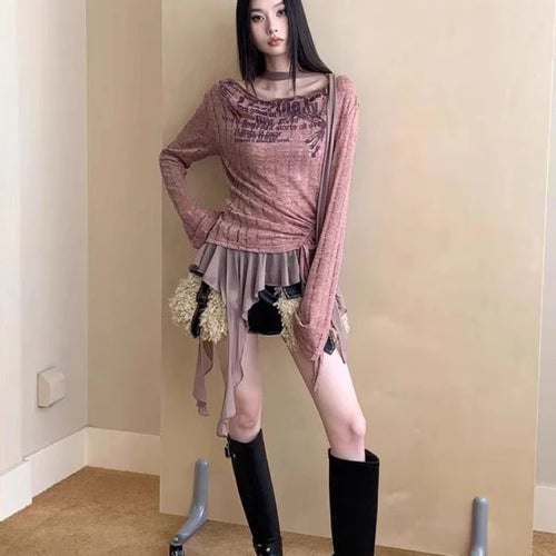 Load image into Gallery viewer, Vintage Patchwork Irregular Ruffled Tops Women Slash Neck Harajuku Drawstring Tshirts Y2k Aesthetic Letter Print Grunge T-shirts
