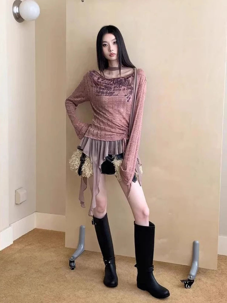 Vintage Patchwork Irregular Ruffled Tops Women Slash Neck Harajuku Drawstring Tshirts Y2k Aesthetic Letter Print Grunge T-shirts