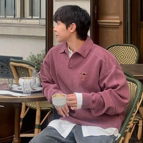 Load image into Gallery viewer, Men's Sweatshirt New Spring Turn-down Collar Loose Embroidered Top Korean Long Sleeve Pullover Fashion Clothing 9W1485
