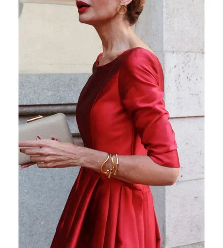Women  A-Line Long Sleeve Dresses Half Sleeves Round-Neck Pleated  Elegant Classical Evening Christmas Midi Dresses