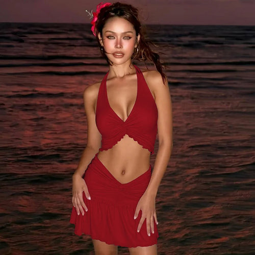 Load image into Gallery viewer, Ruffle Sexy Skirt Two Piece Sets Women Halter Lace-up Crop Top And Mini Skirt Female Beach Club Party 2 Piece Set
