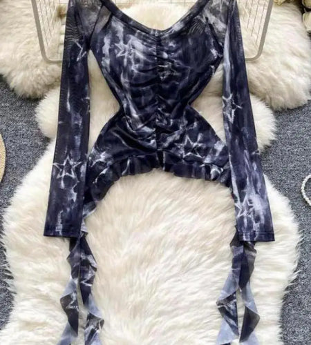 Vintage 2024 Autumn New Fashion Print Ruffle Edge Mesh Tops Korean Women's V Neck Slim Long Sleeved Asymmetrical Pleated T-shirt