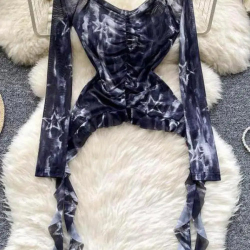 Load image into Gallery viewer, Vintage 2024 Autumn New Fashion Print Ruffle Edge Mesh Tops Korean Women's V Neck Slim Long Sleeved Asymmetrical Pleated T-shirt
