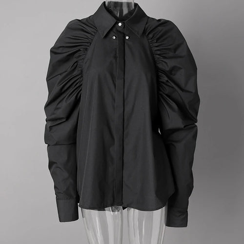 Load image into Gallery viewer, Women Black Pleated Shaped Big Size Elegant Blouse New Lapel Long Puff Sleeve Shirt Fashion Spring Autumn 2025 CPG2607
