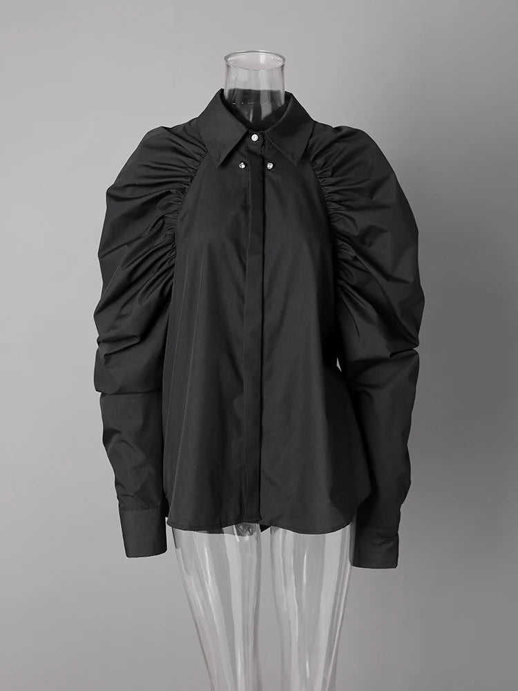 Women Black Pleated Shaped Big Size Elegant Blouse New Lapel Long Puff Sleeve Shirt Fashion Spring Autumn 2025 CPG2607