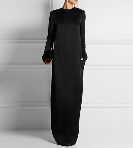 Casual Maxi Dresses for Women 2025 Autumn Round-neck Long Sleeves with Pocket Simple Office Long Dresses Outfits Women