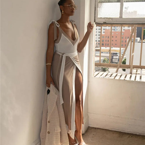 Load image into Gallery viewer, Patchwork Backless Sexy Maxi Dress  Women Fashion Spaghetti Strap V Neck Sleeveless High Split Sexy Long Dress Elegant
