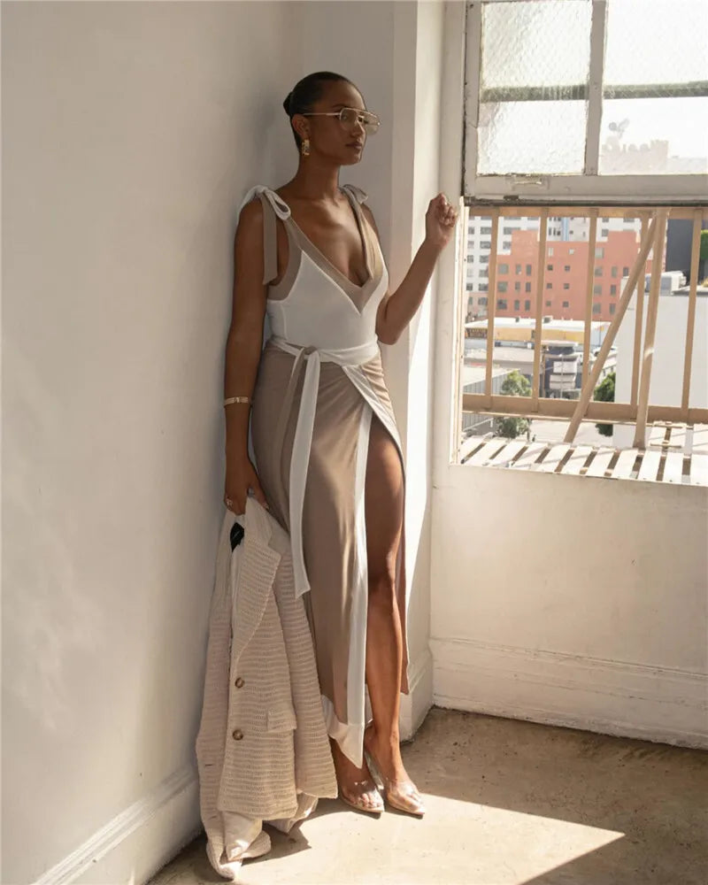 Patchwork Backless Sexy Maxi Dress  Women Fashion Spaghetti Strap V Neck Sleeveless High Split Sexy Long Dress Elegant