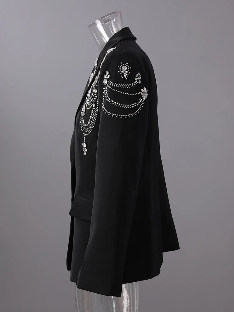 Women Black Rhinestones Nailed Big Size Elegant Blazer New Lapel Long Sleeve Jacket Fashion Spring Autumn 2025 5ZD1434