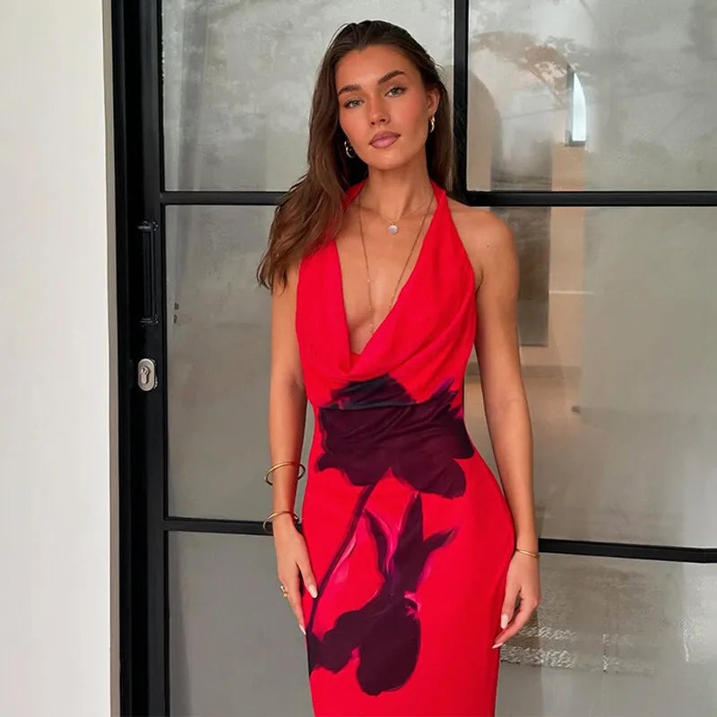 Halter Deep V Neck Printed Maxi Dress For Women Gown Red Off-shoulder Sleeveless Backless Fashion Bodycon Long Dress