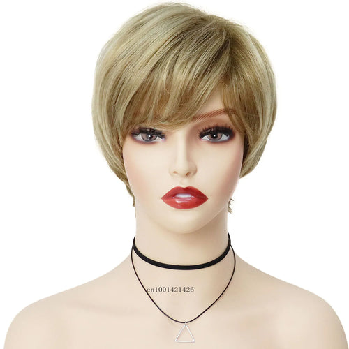 Load image into Gallery viewer, Mix Blonde Wig with Bangs Synthetic Fiber Short Straight Mommy Wigs Natural Daily Wear Casual Blond Women&#39;s Wigs Pixie Cut Short
