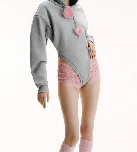 Solid Spliced 3D Flower Fashion Jumpsuit Hoodies for Women Round Neck Long Sleeves Patchwork Zipper Hoodie Female