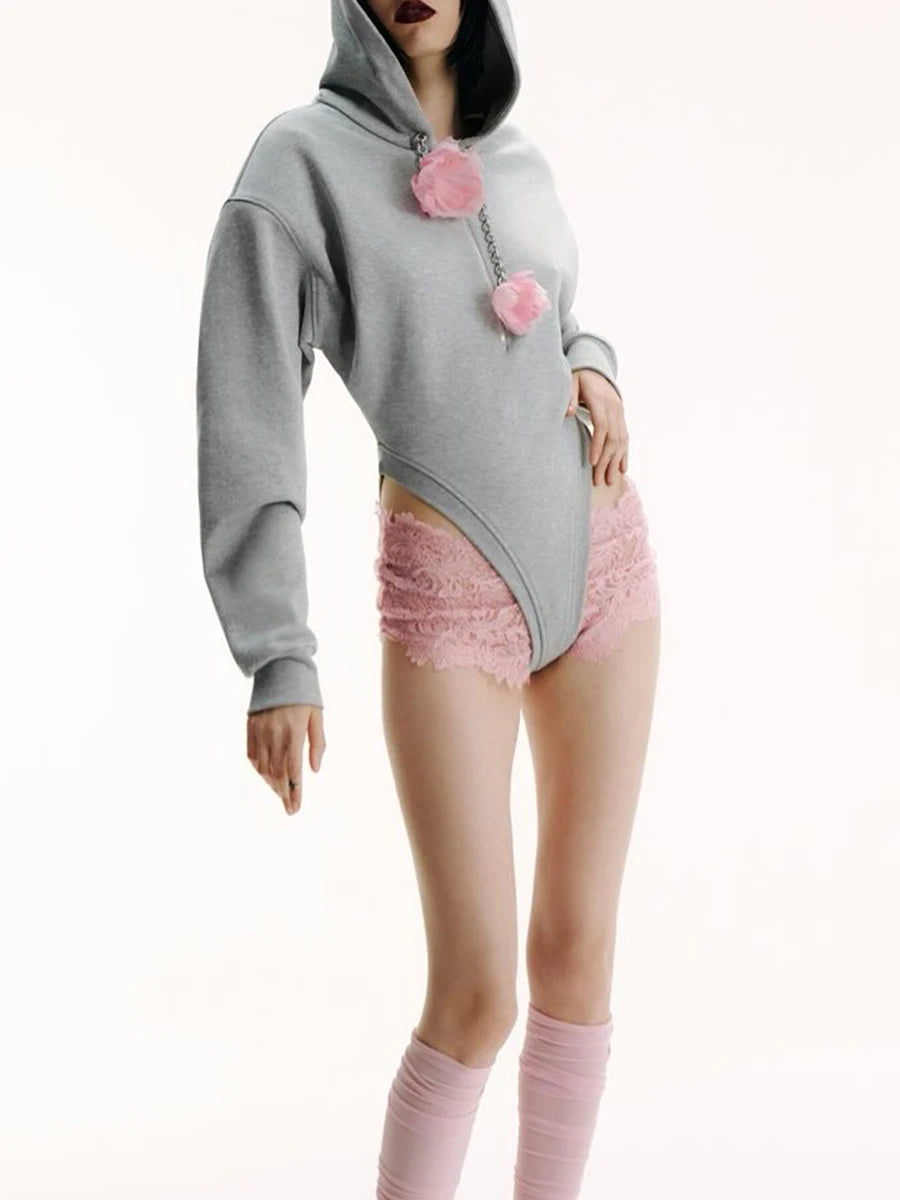 Solid Spliced 3D Flower Fashion Jumpsuit Hoodies for Women Round Neck Long Sleeves Patchwork Zipper Hoodie Female