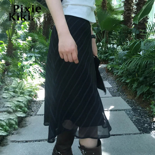 Load image into Gallery viewer, Striped Print Double Layer Mesh Y2k Skirts for Woman 2023 Harajuku Fashion Midi Skirt 90s Vintage Clothes P67-CF10
