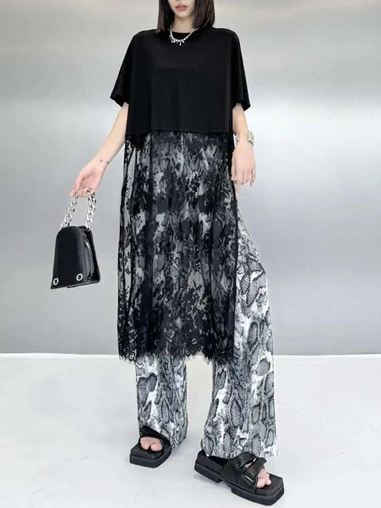 Women Black Hem Lace Perspective Big Size Midi Dress New Round Neck Short Sleeve Fashion Tide Spring Summer 2025 1DH6140