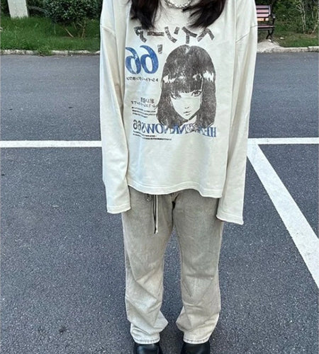 Long Sleeve T-Shirts Vintage Letter Print Japanese Harajuku Women Clothing Y2k Grunge Tops Loose Casual Tees Streetwear Female