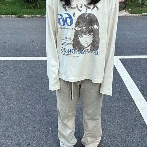 Load image into Gallery viewer, Long Sleeve T-Shirts Vintage Letter Print Japanese Harajuku Women Clothing Y2k Grunge Tops Loose Casual Tees Streetwear Female
