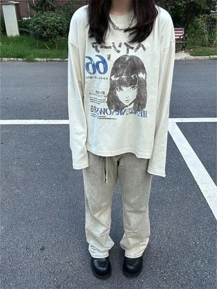 Long Sleeve T-Shirts Vintage Letter Print Japanese Harajuku Women Clothing Y2k Grunge Tops Loose Casual Tees Streetwear Female