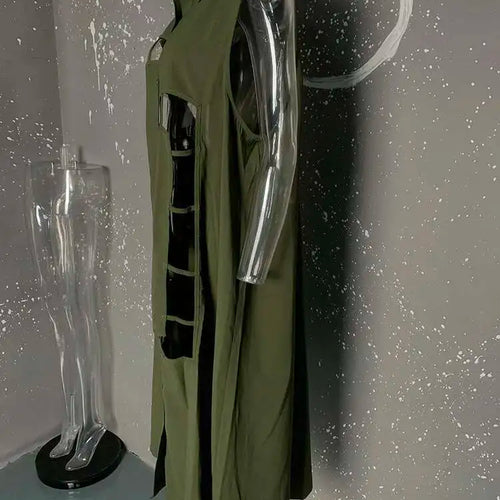 Load image into Gallery viewer, Women Army Green Hollow Out Big Size Midi Casual Dress New Lapel Sleeveless Fashion Tide Spring Summer 2025 1DH9512
