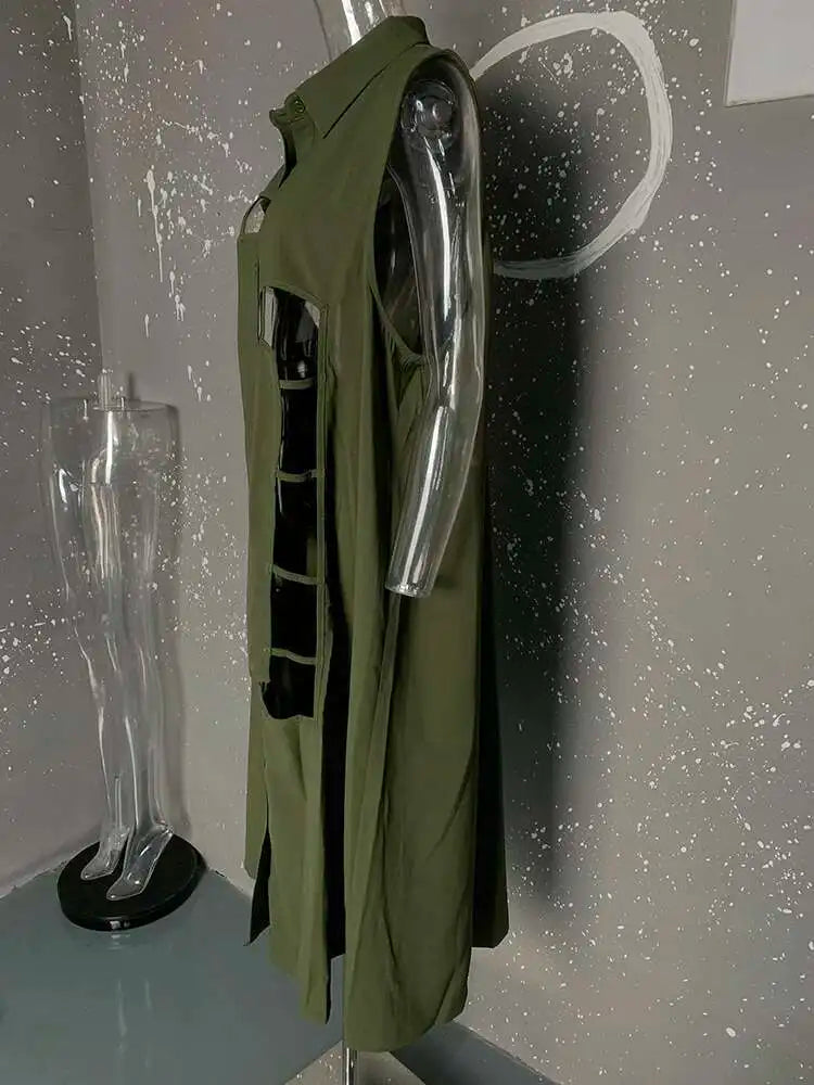 Women Army Green Hollow Out Big Size Midi Casual Dress New Lapel Sleeveless Fashion Tide Spring Summer 2025 1DH9512