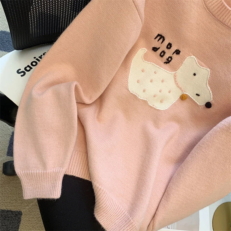 Sweet Beige Pink Puppy Embroidered Casual Sweaters Women Gray Round Neck Warm Long Sleeves Knit Pullover Tops Autumn Winter Chic